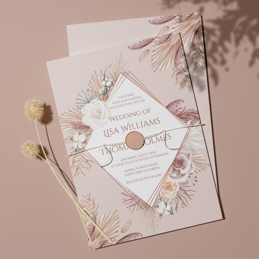 Invitation Boho Blush Herbe de la Pampa et Fleurs Séchées