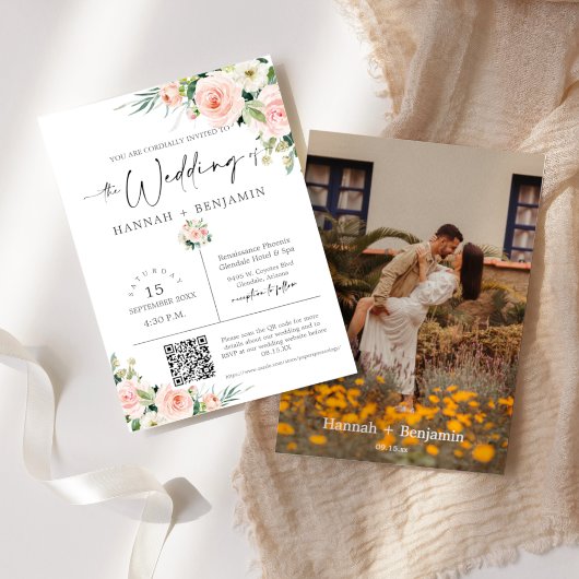Invitation Boho Blush Mariage Moderne Minimal QR Code Photo