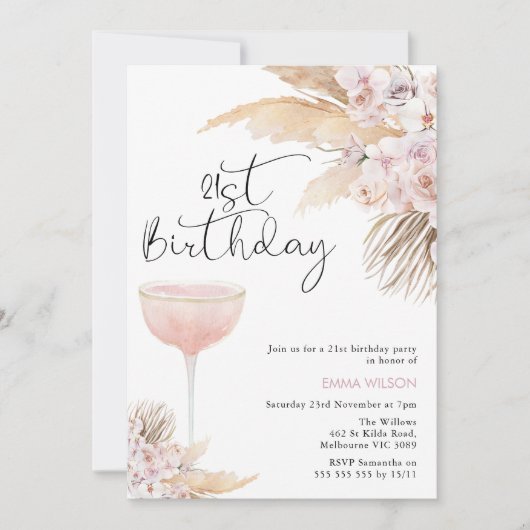 Invitation Boho Blush Mauve Floral Glass 21e anniversaire (Devant)