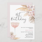 Invitation Boho Blush Mauve Floral Glass 21e anniversaire (Devant / Derrière)