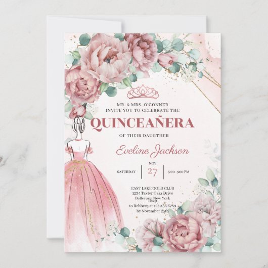 Invitation Boho blush or floral princesse robe Quinceanera (Devant)