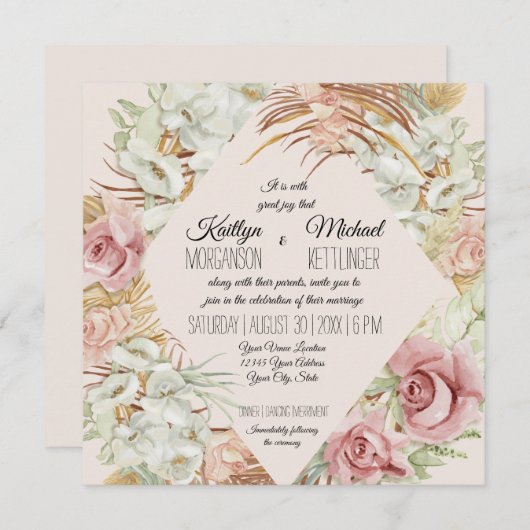 Invitation BOHO Blush Orchid Floral Pampas Palmier en laiton  (Devant / Derrière)