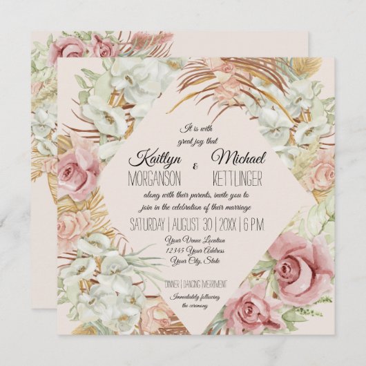 Invitation BOHO Blush Orchid Floral Pampas Palmier en laiton  (Devant / Derrière)