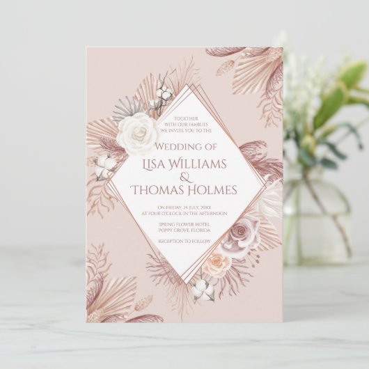 Invitation Boho Blush Pampas Grass et Fleurs séchées (Debout devant)