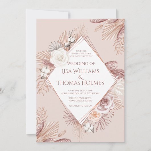 Invitation Boho Blush Pampas Grass et Fleurs séchées (Devant)
