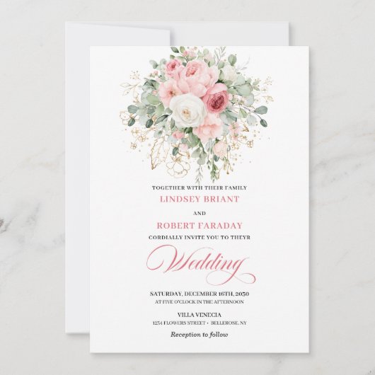 Invitation Boho Blush Peonies Greenery Gold Wedding Invites (Devant)