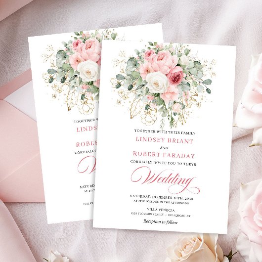 Invitation Boho Blush Peonies Greenery Gold Wedding Invites