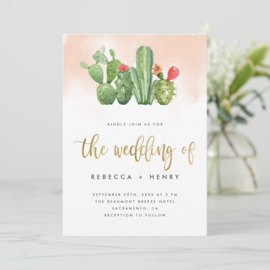 Invitation Boho Blush Pink Aquarelle & Mariage Cactus (Debout devant)