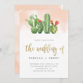 Invitation Boho Blush Pink Aquarelle & Mariage Cactus (Devant / Derrière)