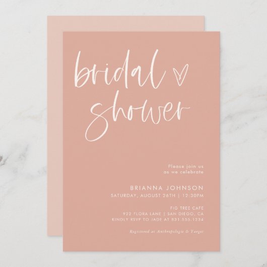 Invitation Boho Blush Pink Fête des mariées | Mariée minimale (Devant / Derrière)