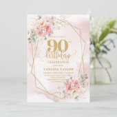 Invitation Boho Blush Pink Gold Floral 90th Birthday Invites (Debout devant)
