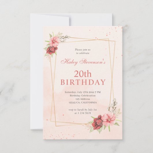 Invitation Boho Blush Pink Terracotta Floral 20e anniversaire (Devant)