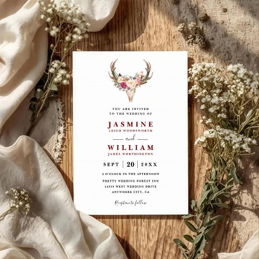 Invitation Boho Blush Red Floral Antler Skull QR Code Wedding