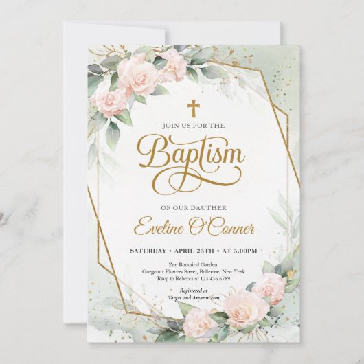 Invitation Boho blush rose eucalyptus cadre or Baptême (Devant)
