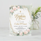 Invitation Boho blush rose eucalyptus cadre or Baptême (Debout devant)