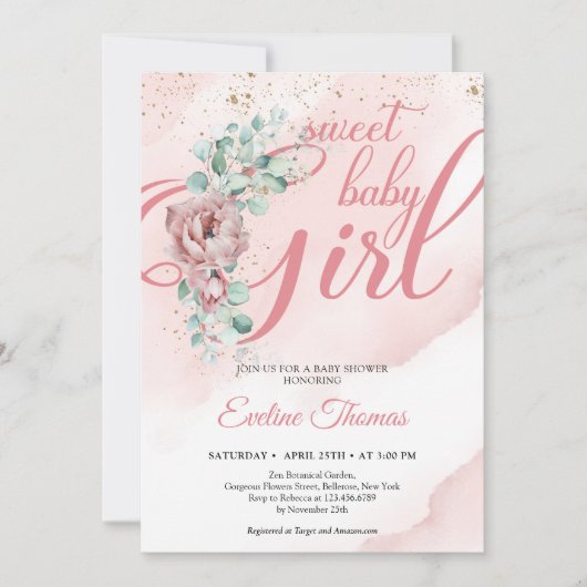 Invitation Boho blush rose eucalyptus or doux bébé fille (Devant)