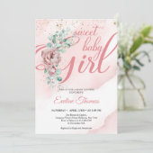 Invitation Boho blush rose eucalyptus or doux bébé fille (Debout devant)