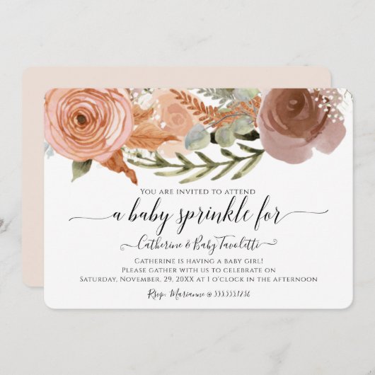 Invitation BOHO Blush Rose Floral Aquarelle Bébé Fille Douche (Devant / Derrière)