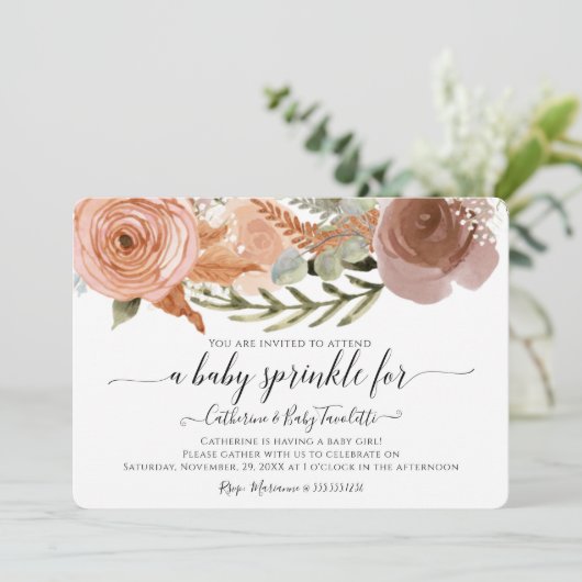 Invitation BOHO Blush Rose Floral Aquarelle Bébé Fille Douche (Debout devant)