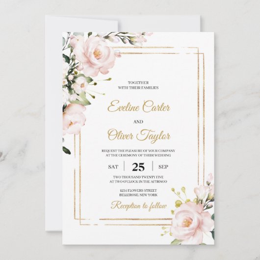 Invitation Boho Blush rose floral et or parties scintillant é (Devant)