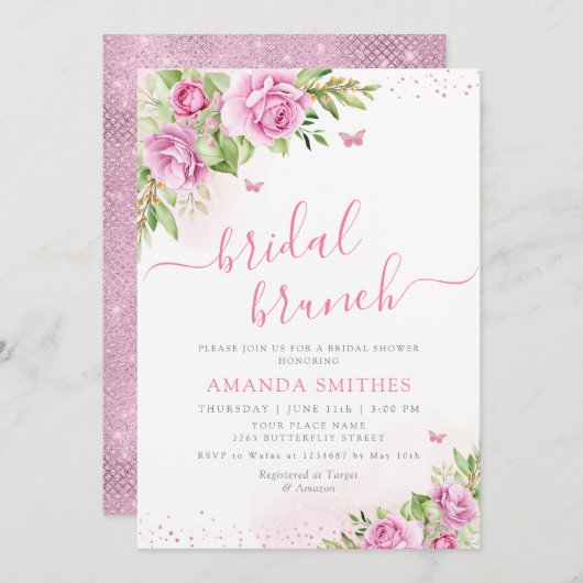 Invitation Boho Blush rose Floral Fête des mariées de brunch (Devant / Derrière)
