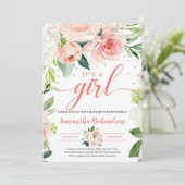 Invitation Boho Blush Rose Floral Greenery C'est une fille bé (Debout devant)