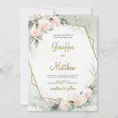 Invitation Boho Blush rose Floral Greenery Gold Frame Mariage (Devant)