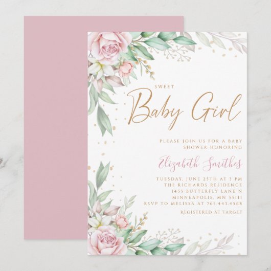 Invitation Boho Blush rose Floral Greeney Baby shower fille (Devant / Derrière)