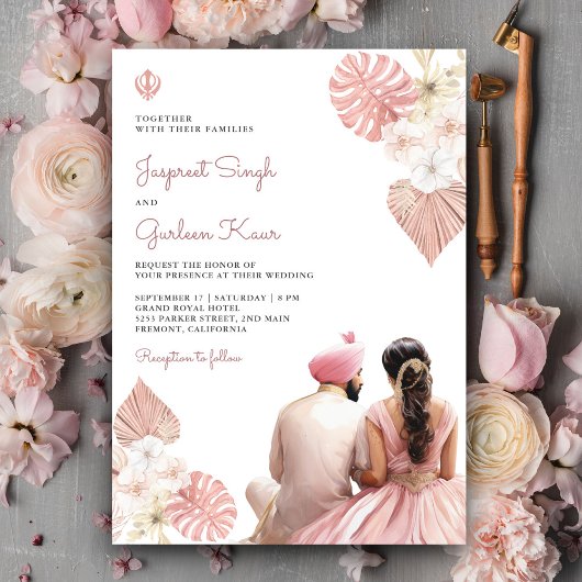 Invitation Boho Blush rose Floral Indien Punjabi Sikh Mariage