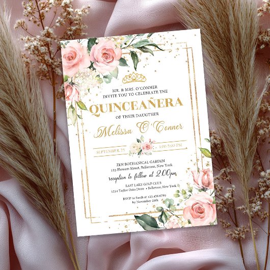 Invitation Boho Blush rose floral or tiara quinceanera