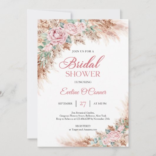 Invitation Boho Blush rose floral pampas herbe verdure (Devant)