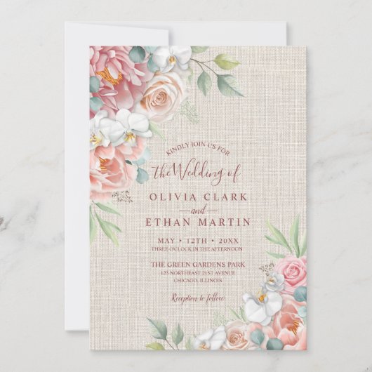 Invitation Boho Blush Rose Floral Sur Rustic Burlap Mariage (Devant)