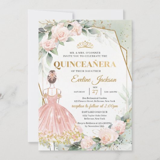 Invitation Boho blush rose or cadre boule robe Quinceanera (Devant)