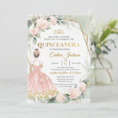 Invitation Boho blush rose or cadre boule robe Quinceanera (Debout devant)