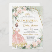 Invitation Boho blush rose or cadre boule robe Quinceanera (Devant / Derrière)