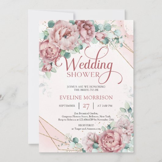 Invitation Boho blush rose pivoines eucalyptus wedding shower (Devant)