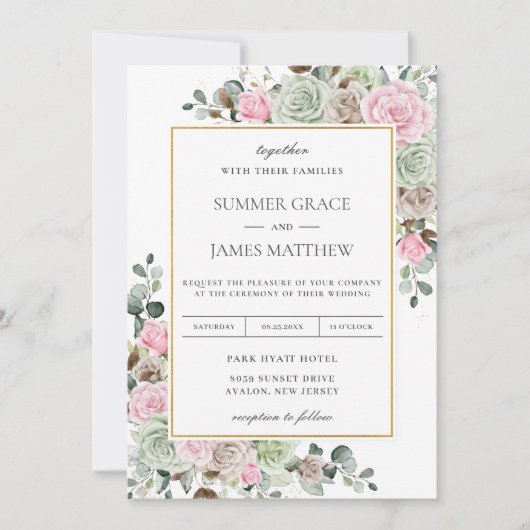 Invitation Boho Blush Rose Sage Vert Taupe Mariage Floral (Devant)