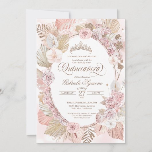 Invitation Boho Blush rose & séché Floral Roses Quinceanera (Devant)