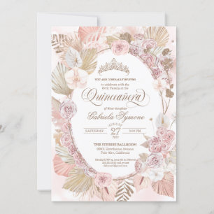 Invitation Boho Blush rose & séché Floral Roses Quinceanera