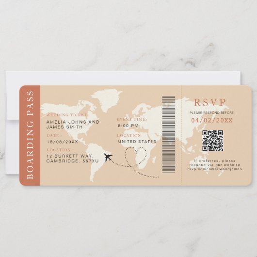 Invitation Boho Boarding Pass Destination mariage Code QR (Devant)
