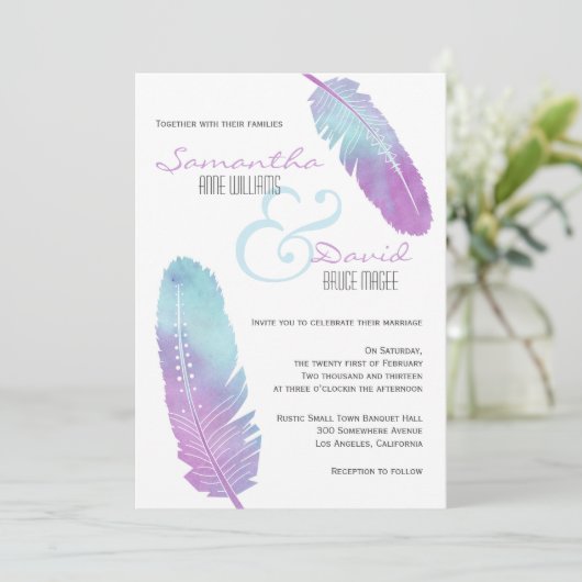 Invitation Boho Bohemian Feather Mariage violet et bleu (Debout devant)