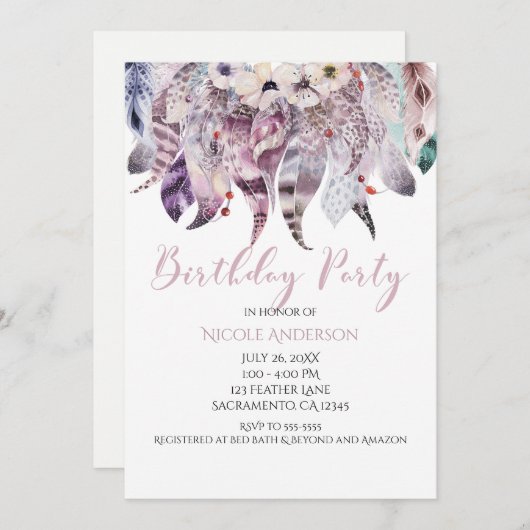 Invitation Boho Bohemian Feathers Anniversaire Fête Invitatio (Devant / Derrière)