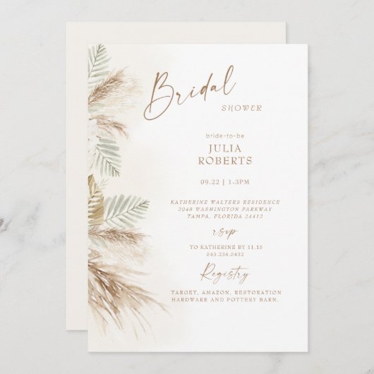 Invitation Boho Bohemian Pampas Grass Fête des mariées beige (Devant / Derrière)