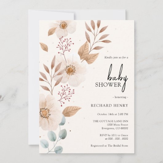 Invitation Boho Bohemian Rustique Floral Beige Baby shower fi (Devant)