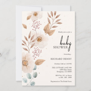 Invitation Boho Bohemian Rustique Floral Beige Baby shower fi