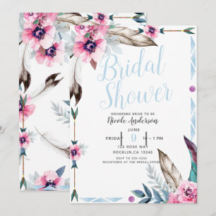 Invitation Boho Bohemian Tribal Chic Floral Watercolor Bride