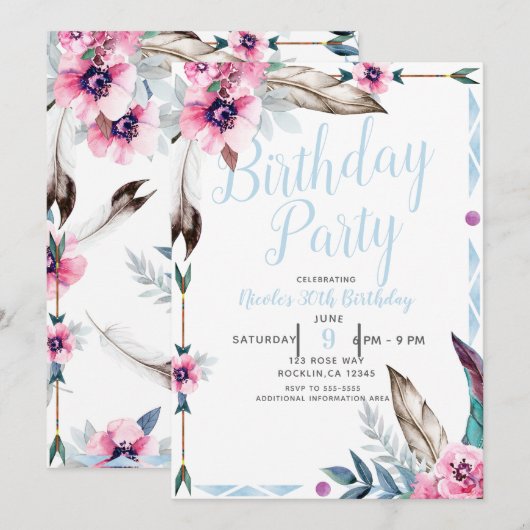 Invitation Boho Bohemian Tribal Floral Aquarelle Anniversaire (Devant / Derrière)