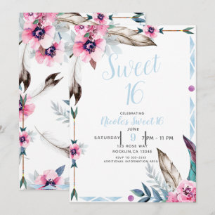 Invitation Boho Bohémien Tribal Floral Aquarelle Douce 16