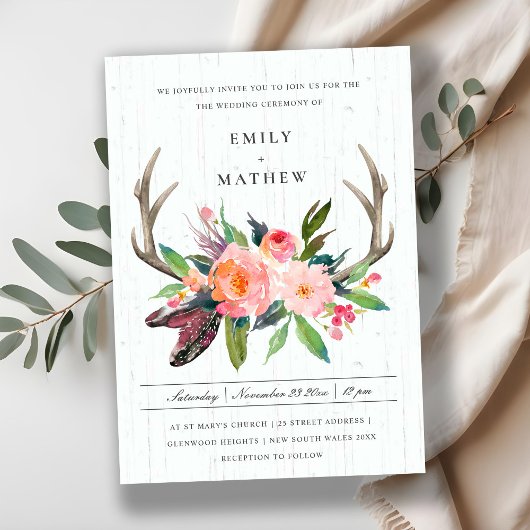 INVITATION BOHO BOHO BLUSH ANTLER MARIAGE CAMPAGNARD FLORAL E