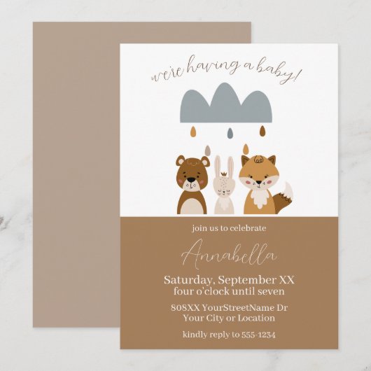 Invitation Boho Boho Boho Cute Woodland Bébé Animaux (Devant / Derrière)